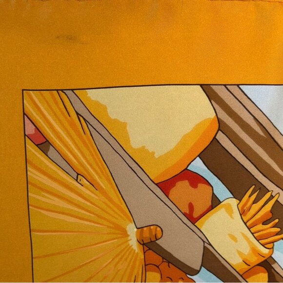 Hermes Silk "Marche Flottant Du Lac Inle II" Scarf Tangerine Color w Blue - Picture 6 of 16